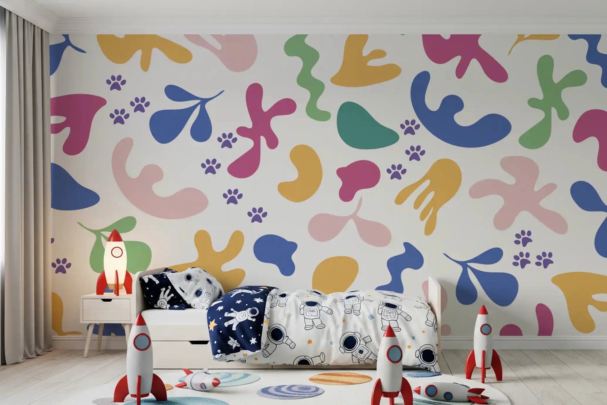 Playroom styled in Happy Paws wall mural with bright abstract shapes, GD9320