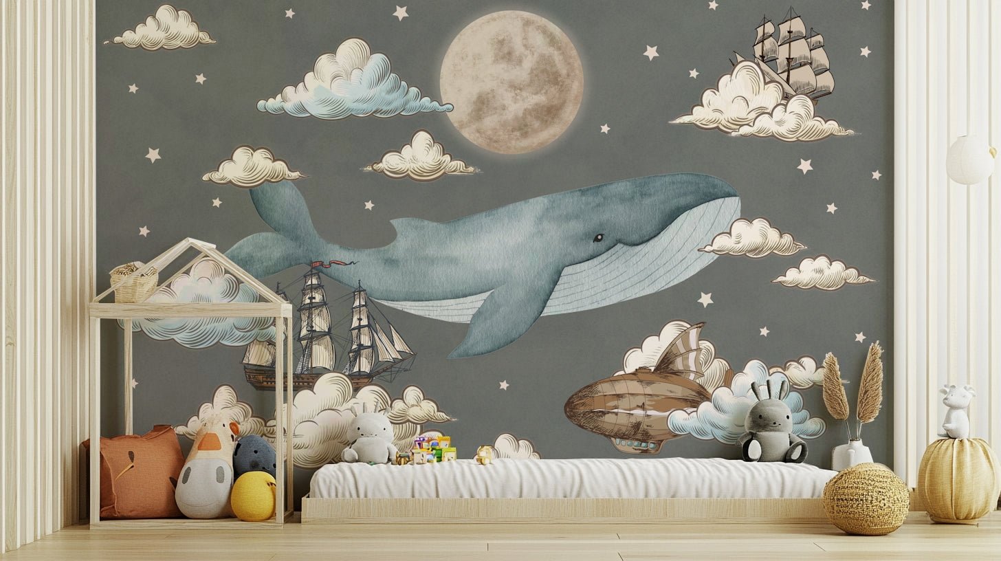 A peaceful wall mural with a magical sky scene.

