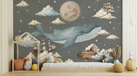 A peaceful wall mural with a magical sky scene.

