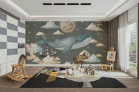 Fluffy, white clouds are scattered across the sky.

