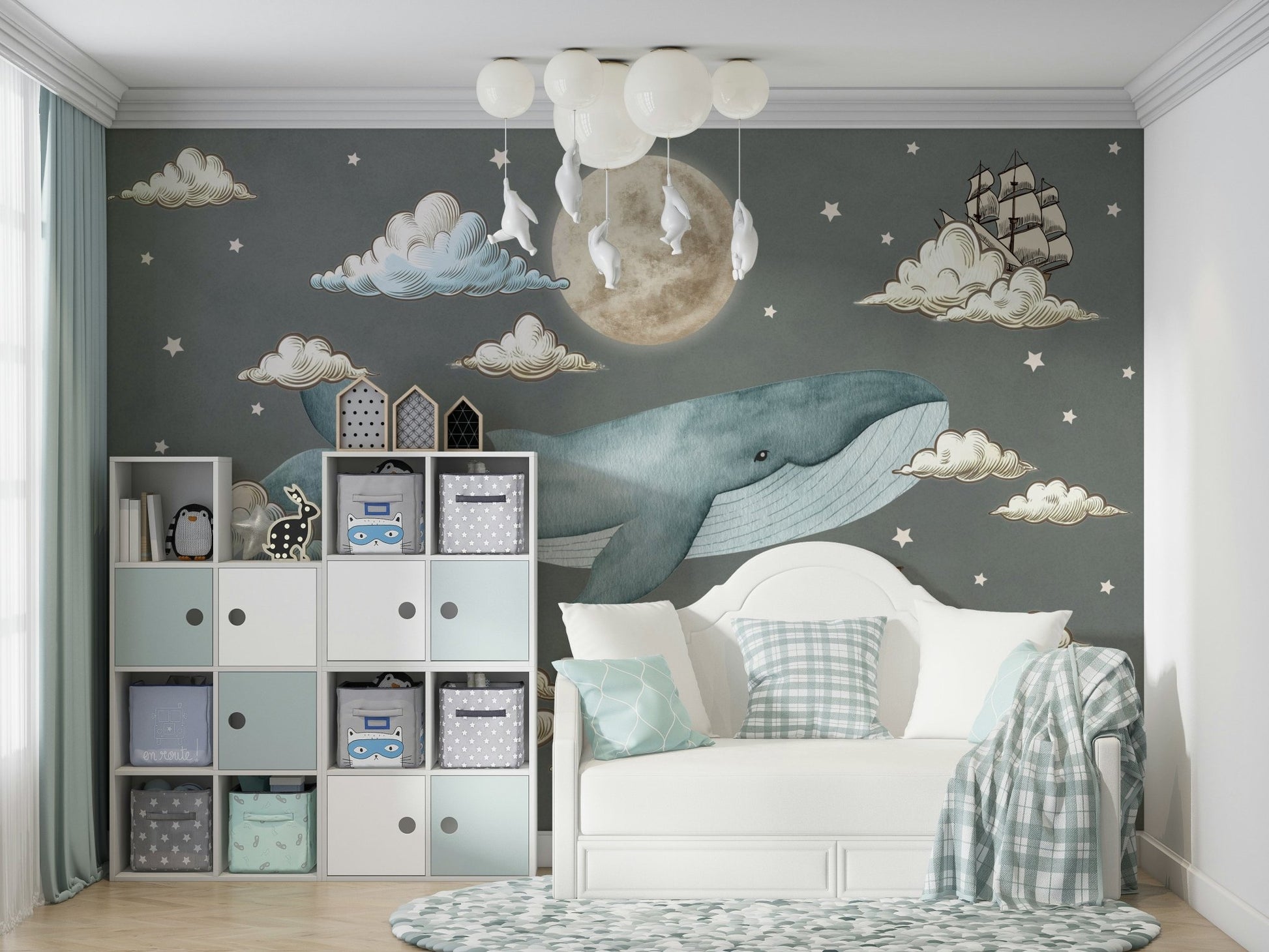 Hot air balloons with different patterns are floating gently.

