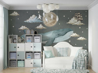 Hot air balloons with different patterns are floating gently.

