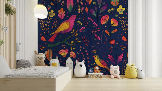 Whimsical Songbird Garden wallpaper navy detail GD037
 
