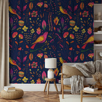 Cheerful bird and flower wallpaper texture


