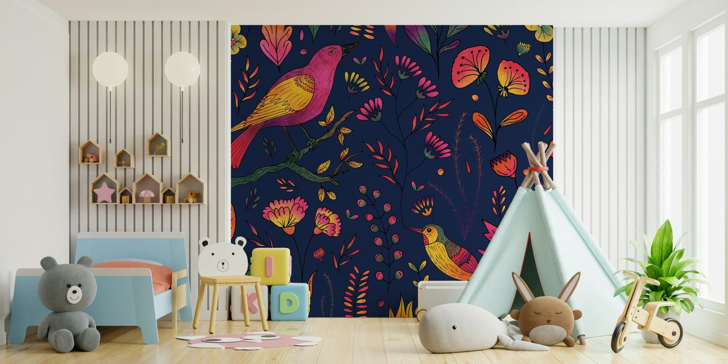 Colorful birds and flowers wallpaper pattern

