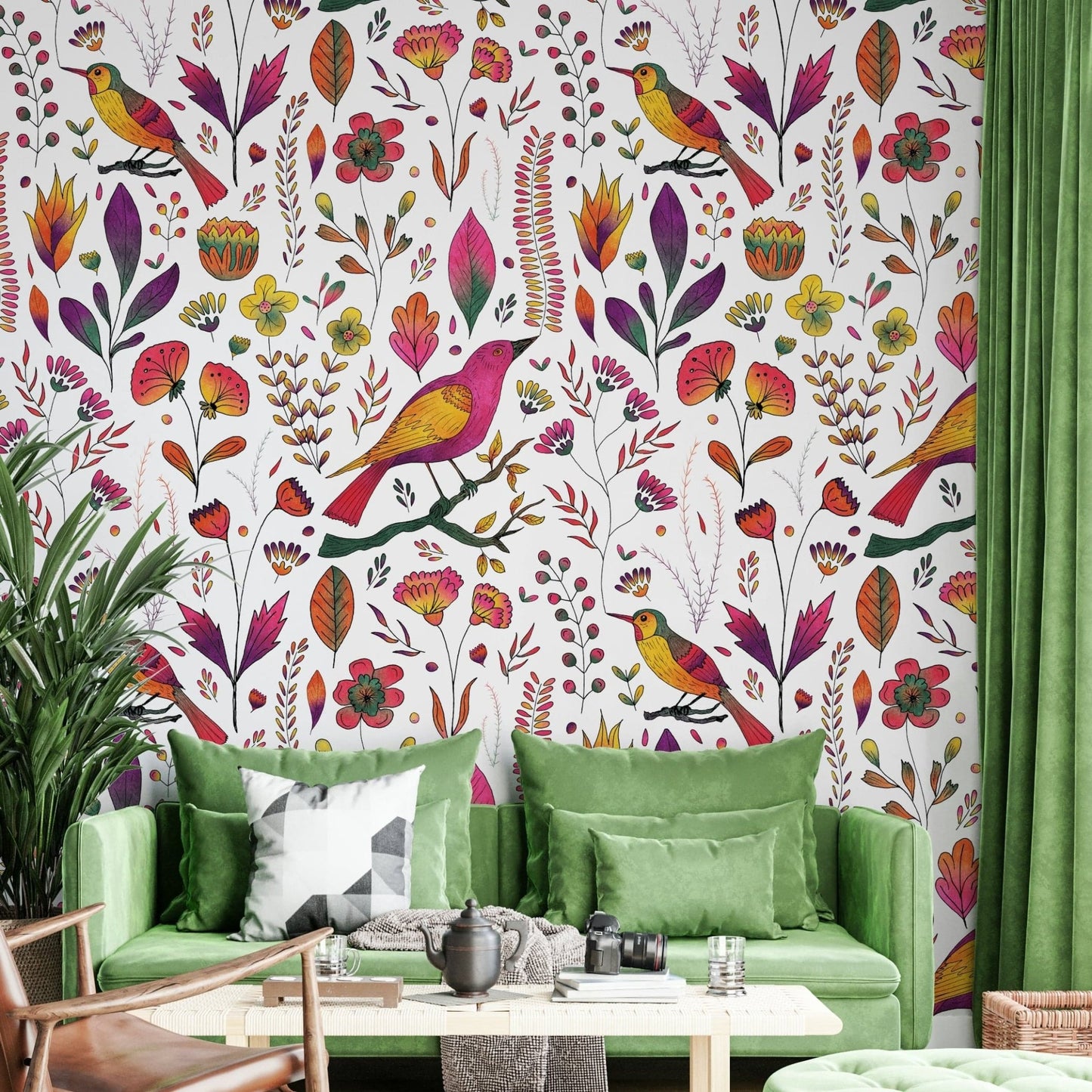 Cheerful bird and flower wallpaper texture

