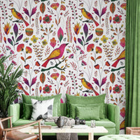 Cheerful bird and flower wallpaper texture

