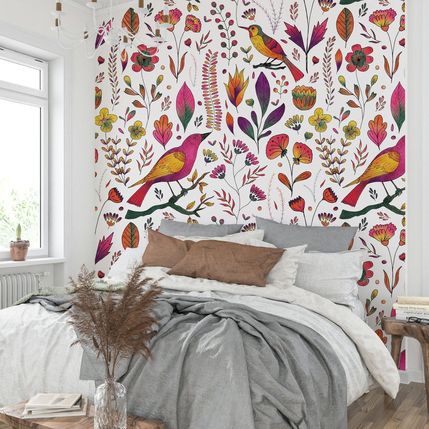 Nursery wallpaper with colorful songbirds

