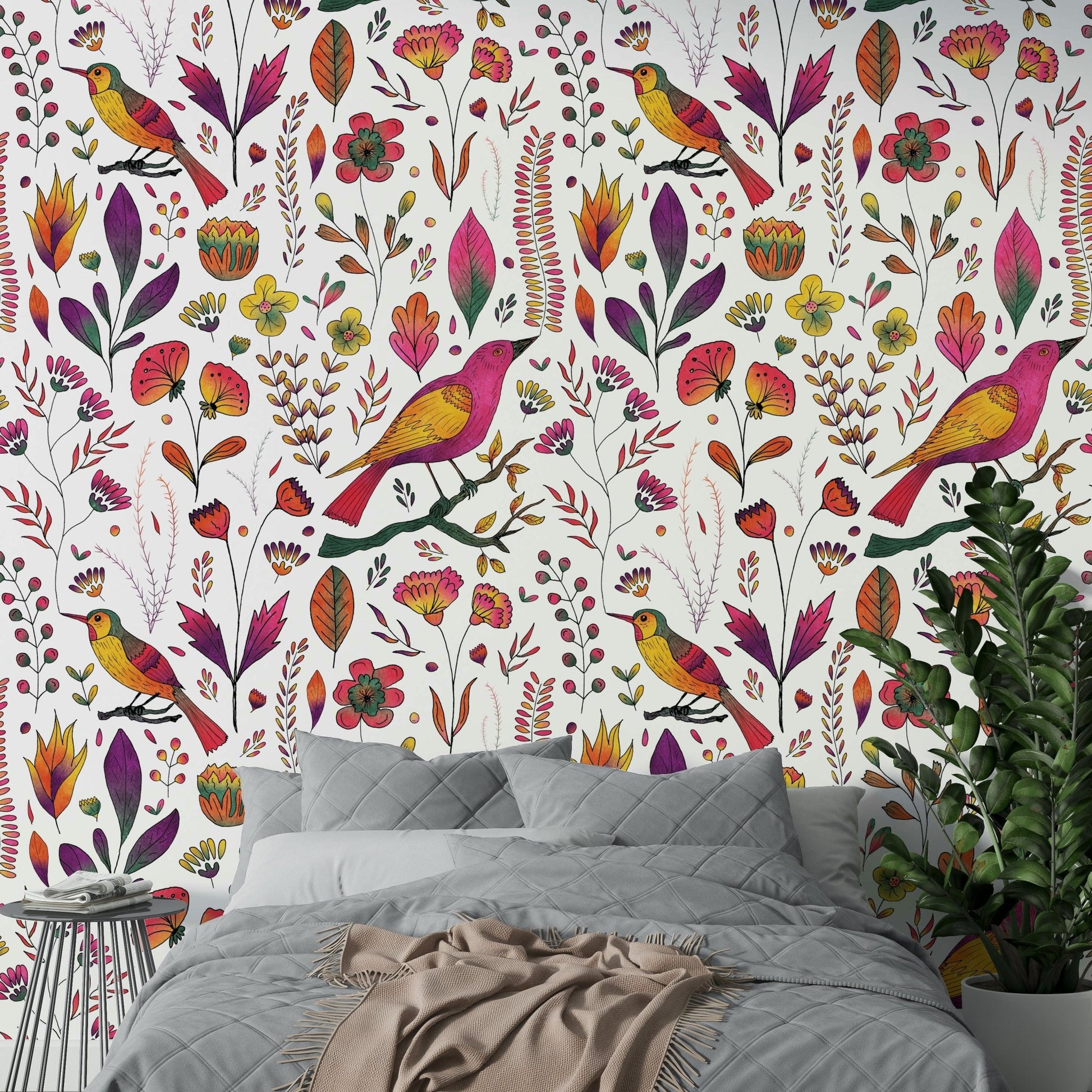Whimsical Songbird Garden wallpaper detail

