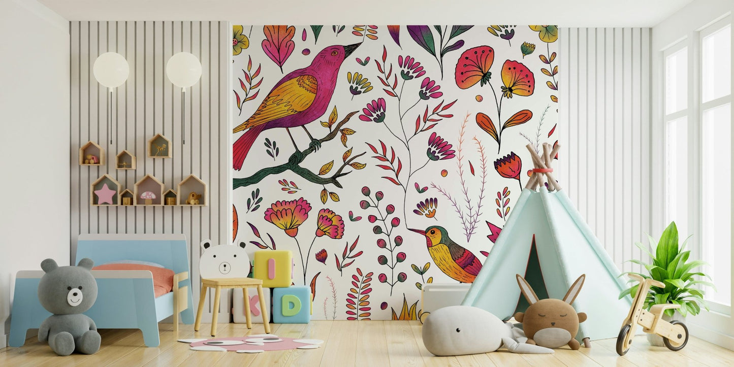 Playful bird wallpaper mural design

