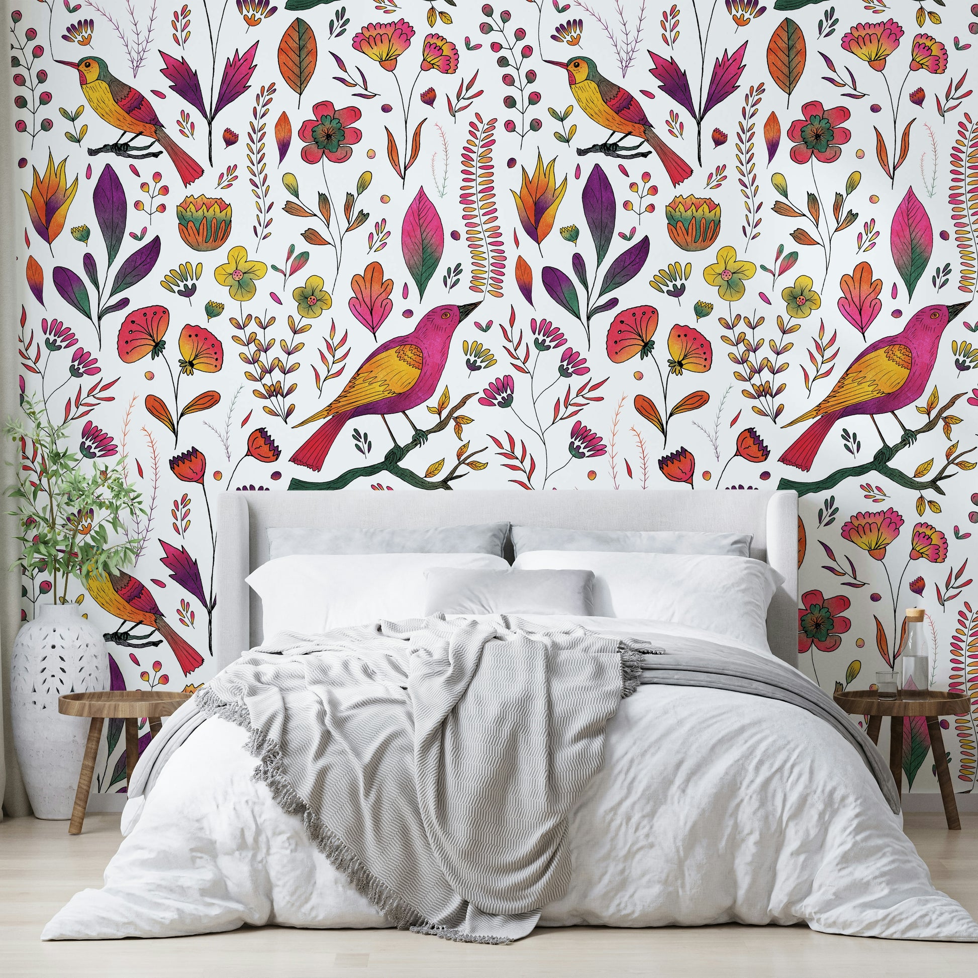 Bright floral wallpaper with songbirds for walls


