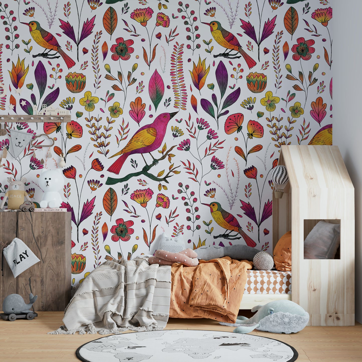 Colorful birds and flowers wallpaper pattern

