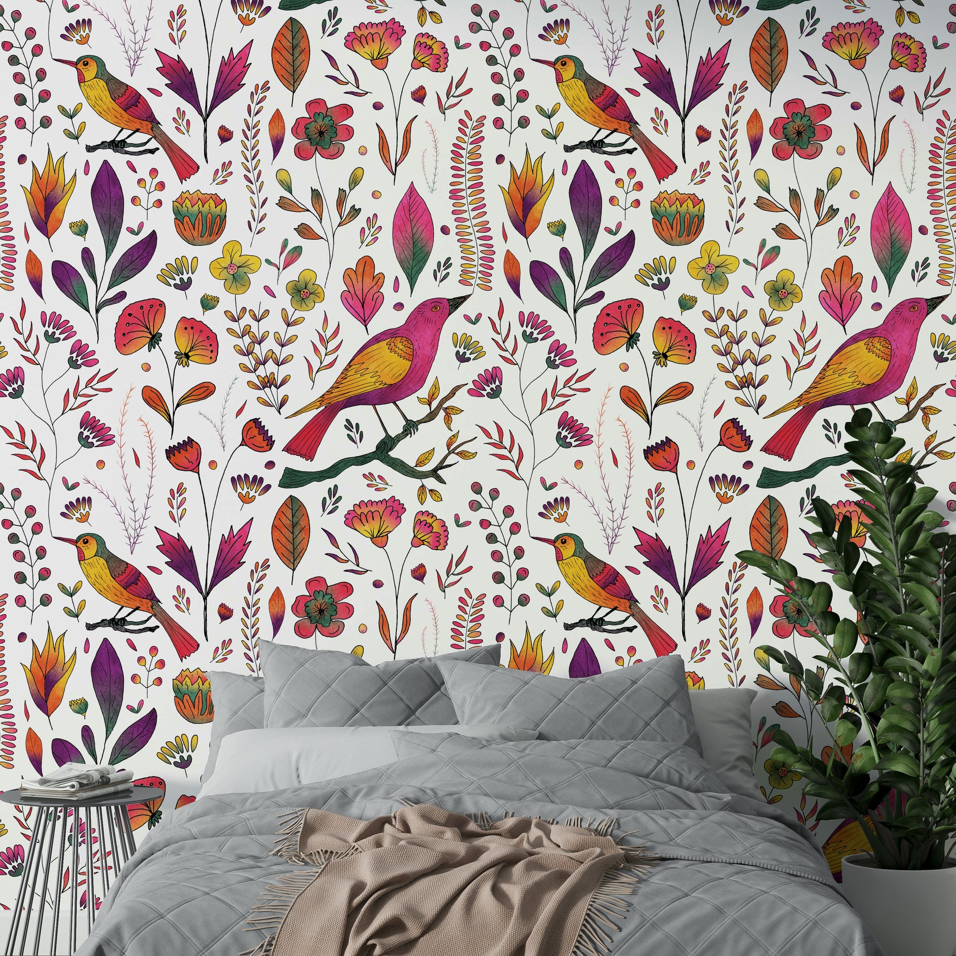 Whimsical Songbird Garden wallpaper detail

