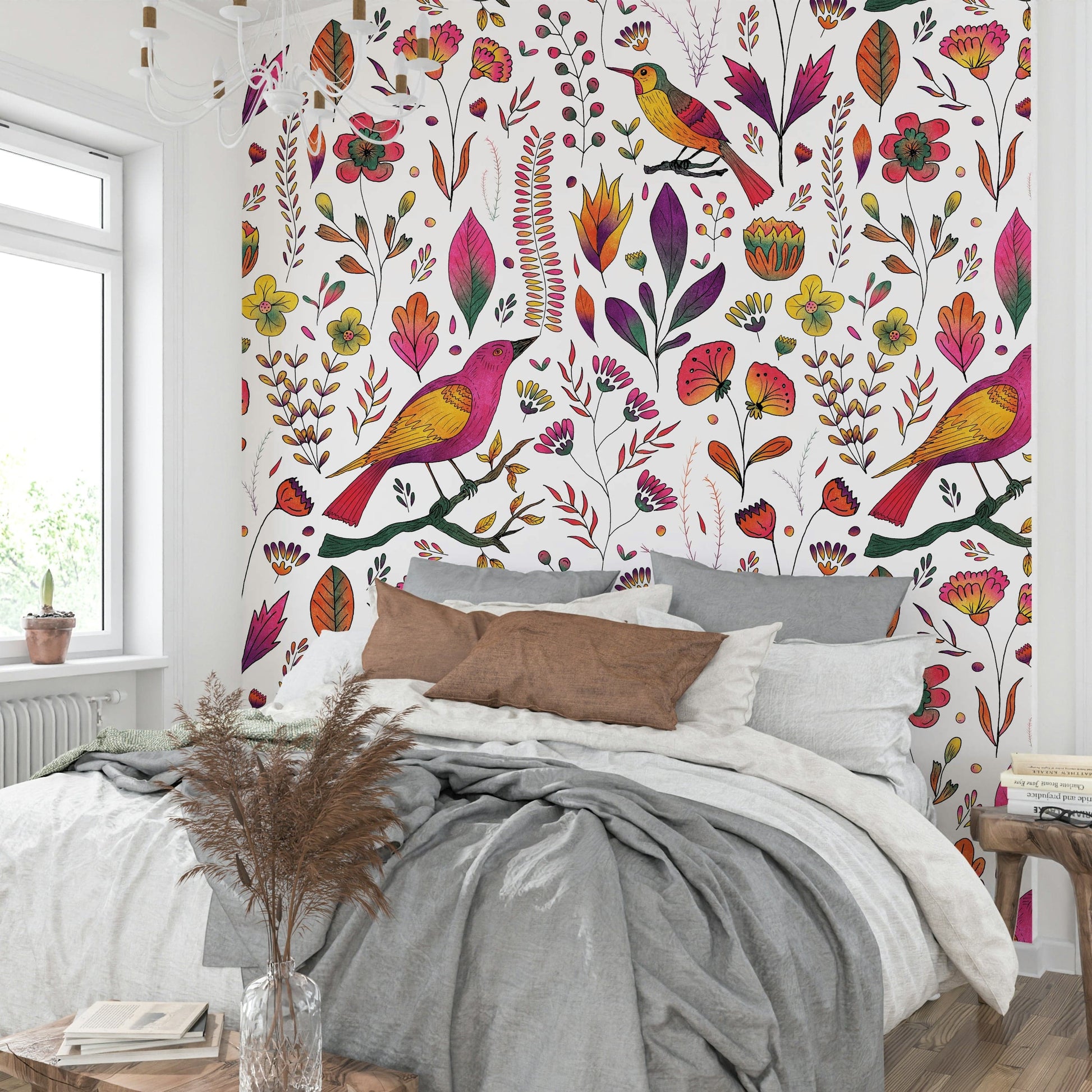 Nursery wallpaper with colorful songbirds

