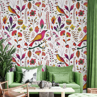 Cheerful bird and flower wallpaper texture

