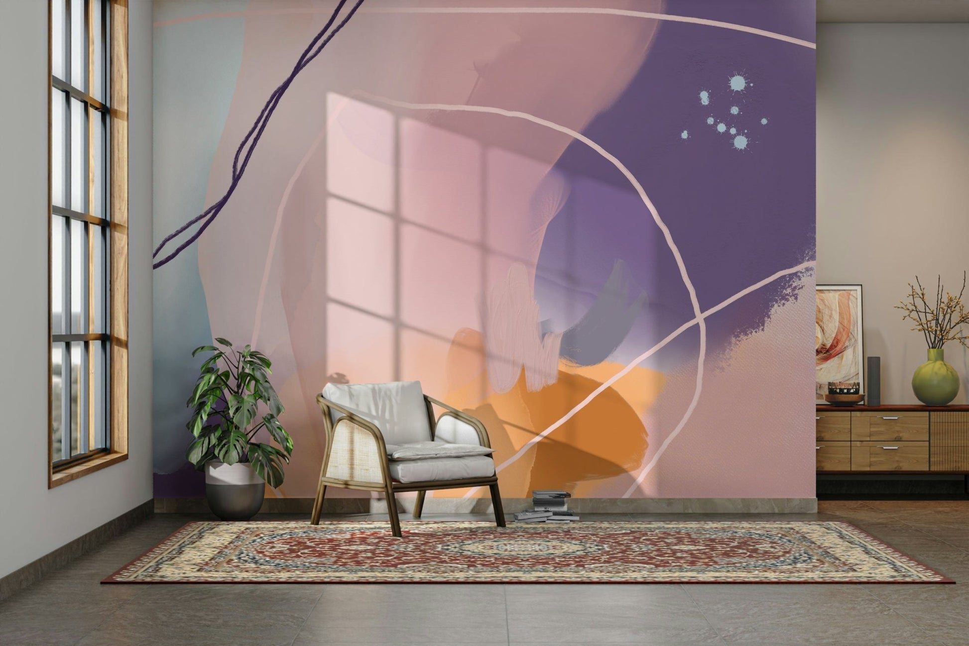 Elegant floral wall mural with whimsical detailing

