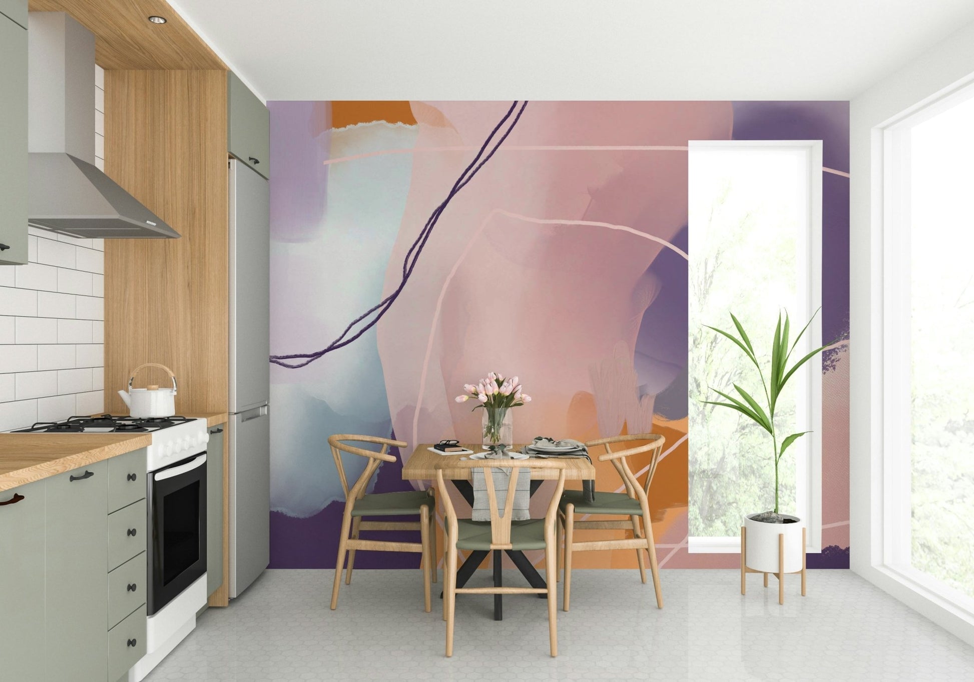 Artistic wall mural featuring delicate botanical design

