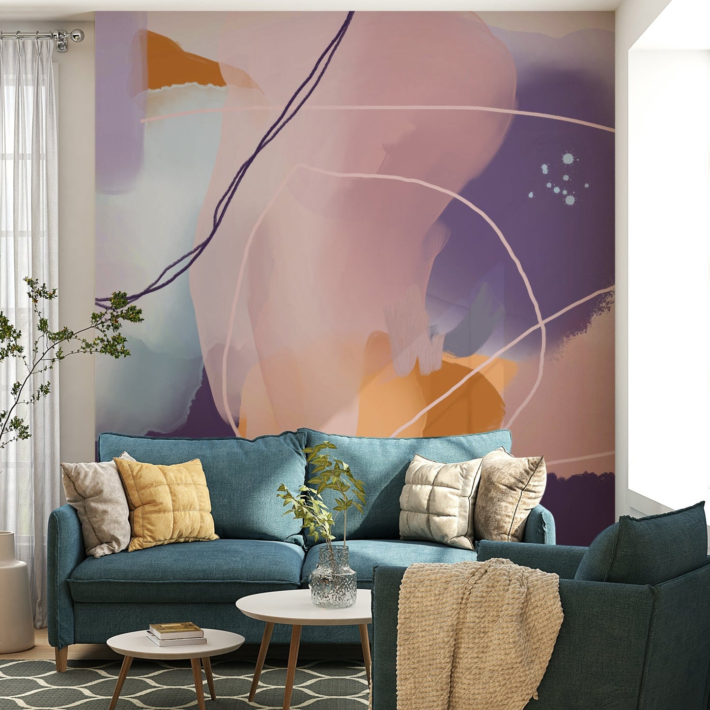 Feminine mural with graceful flowers and flowing forms

