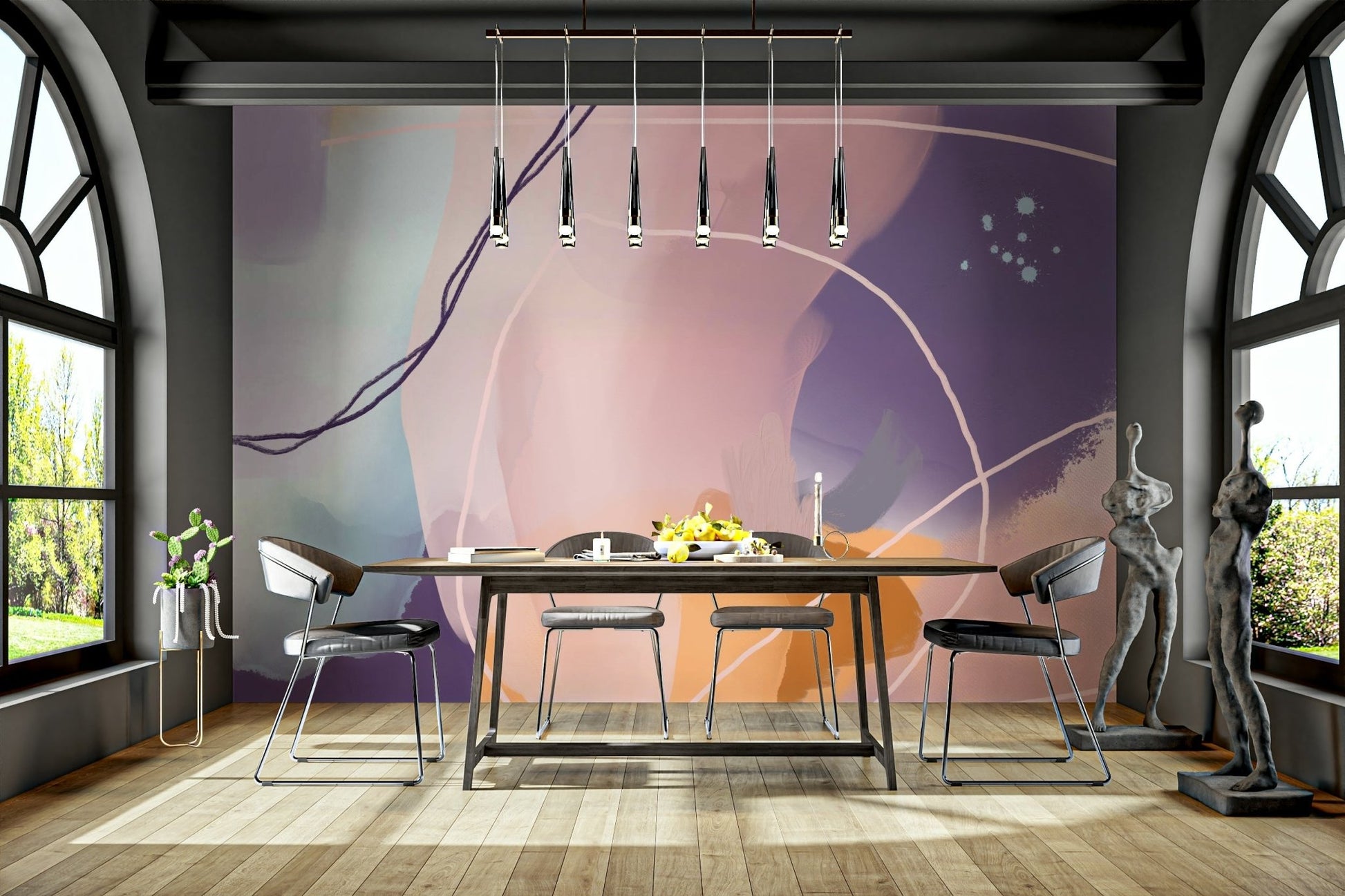 Romantic mural design with abstract flower motifs

