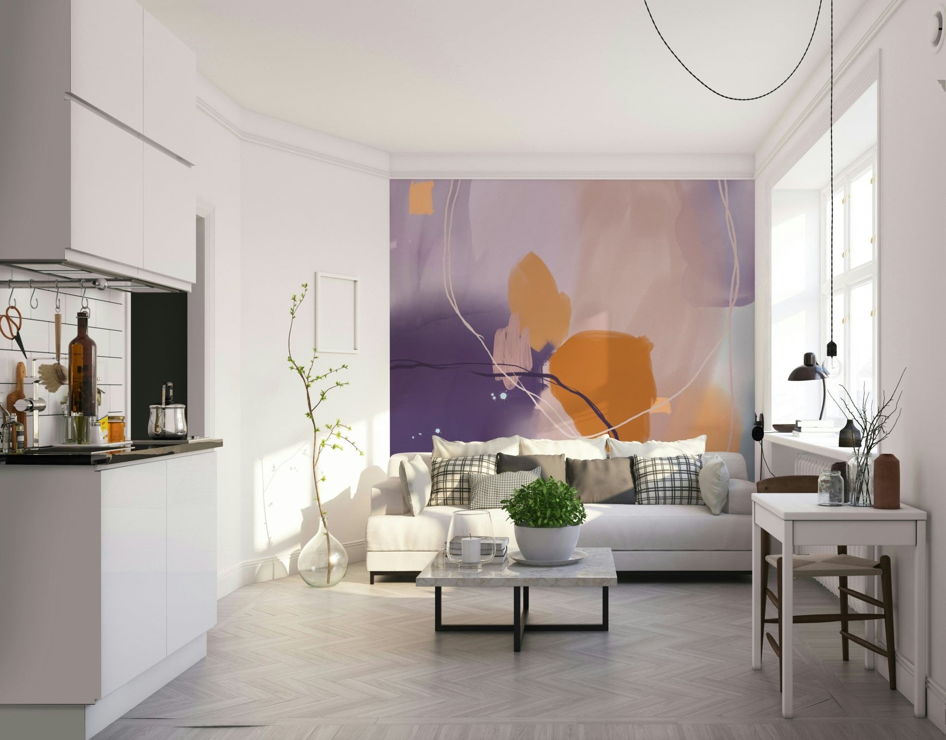 Feminine floral mural in pastel and neutral hues

