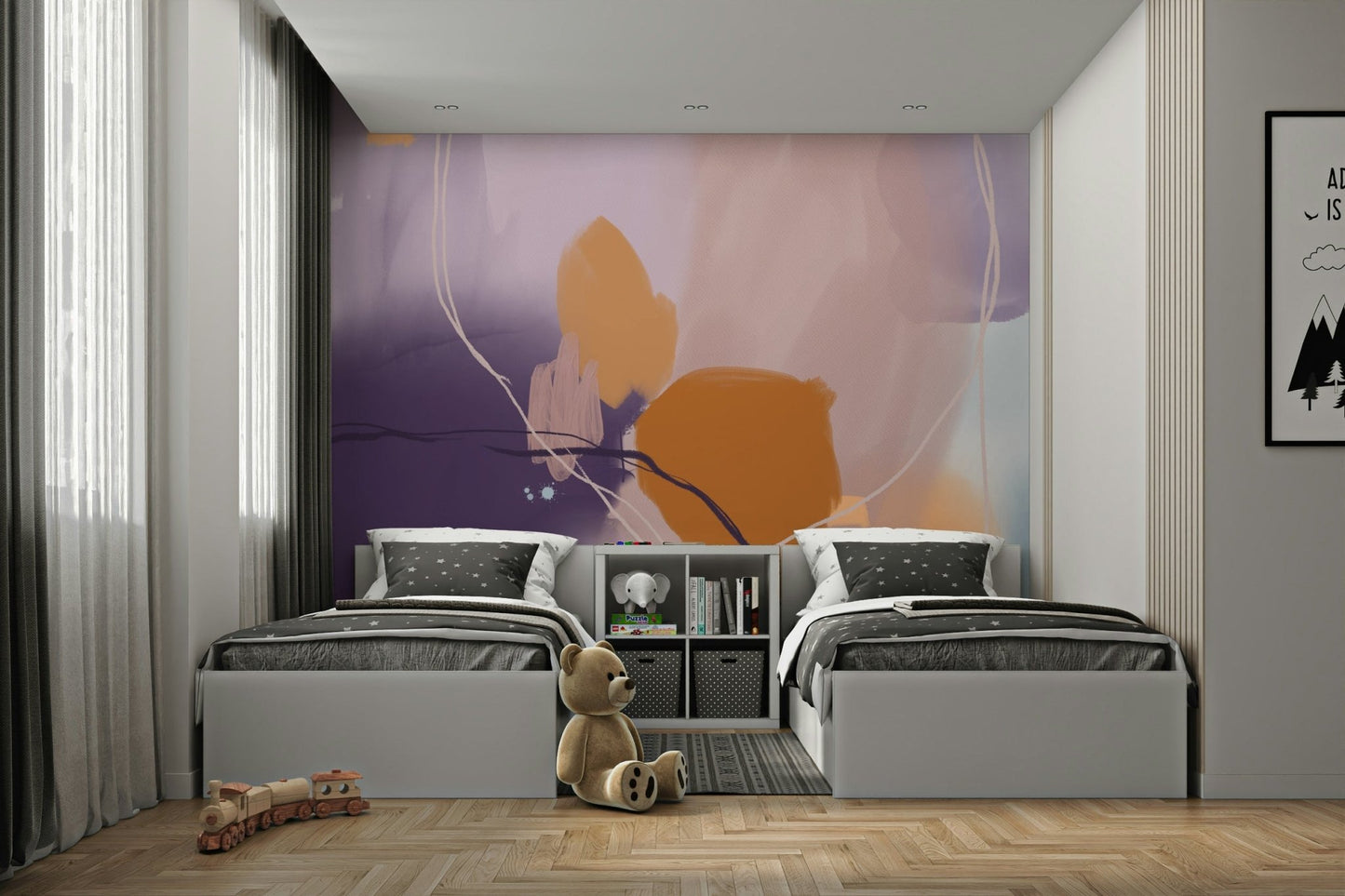 Modern floral mural in whimsical illustrative style

