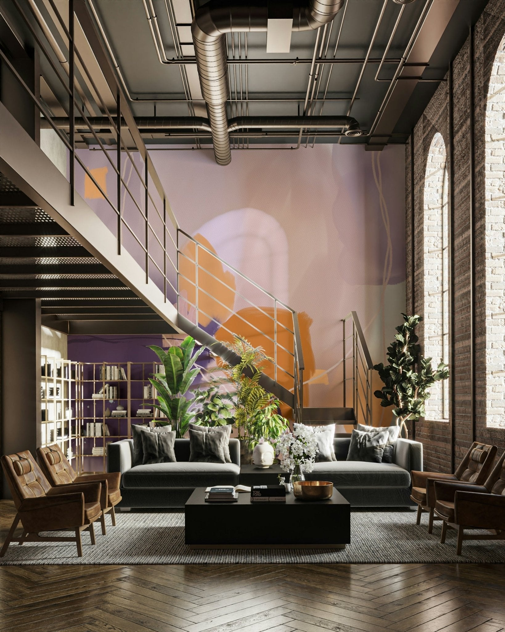 Elegant floral wall mural with whimsical line art, GD2210