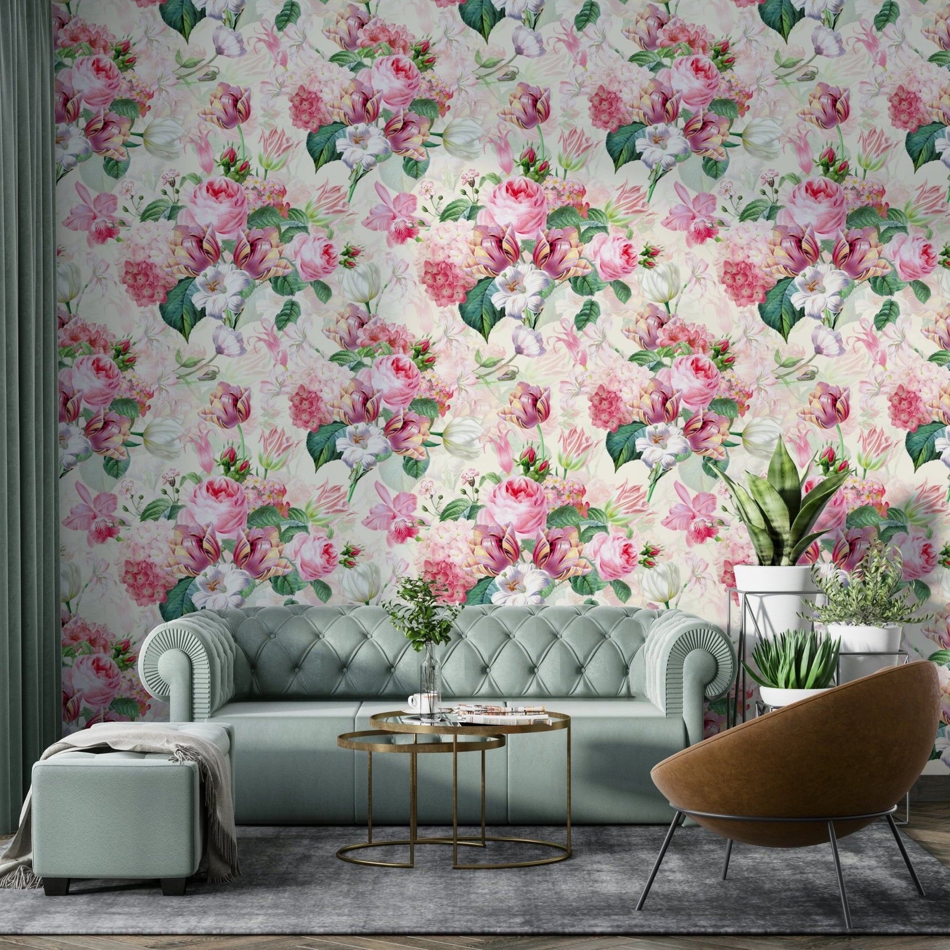 Floral watercolor wallpaper with romantic rose garden.

