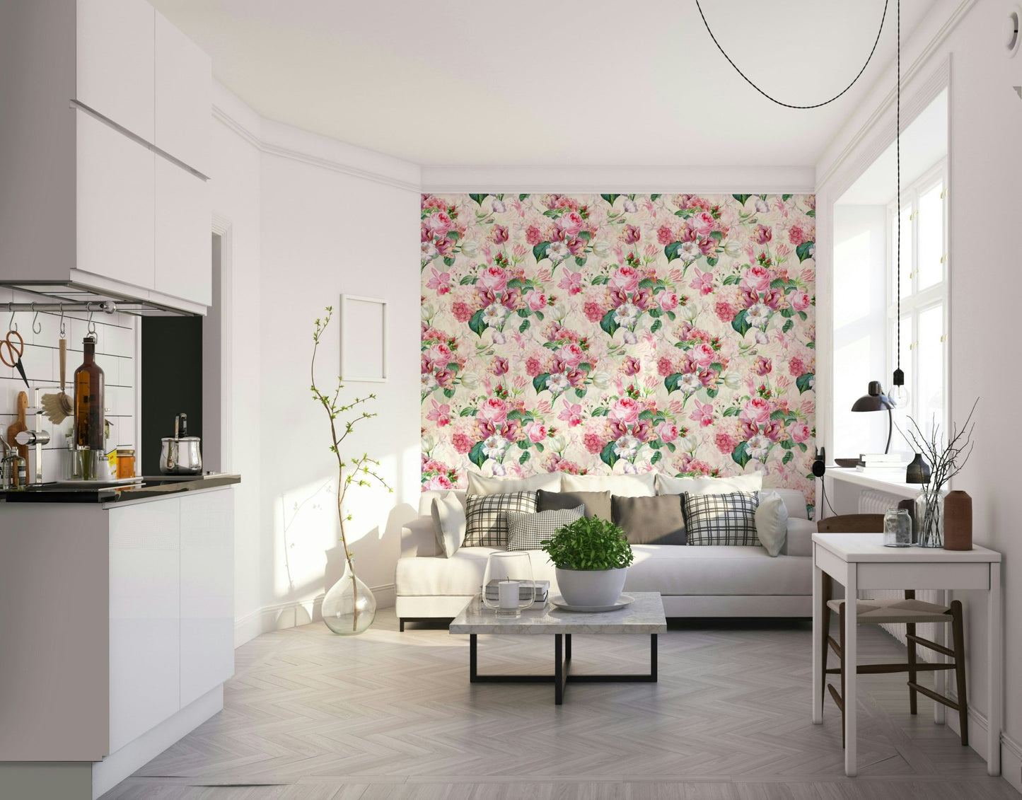 Dreamy watercolor rose garden mural for interiors.

