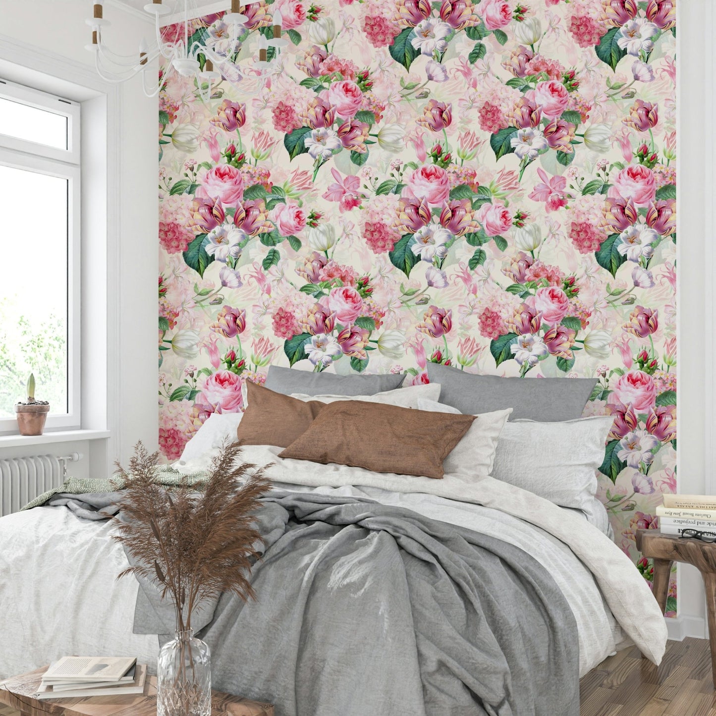 Watercolor roses wallpaper for serene room ambiance.

