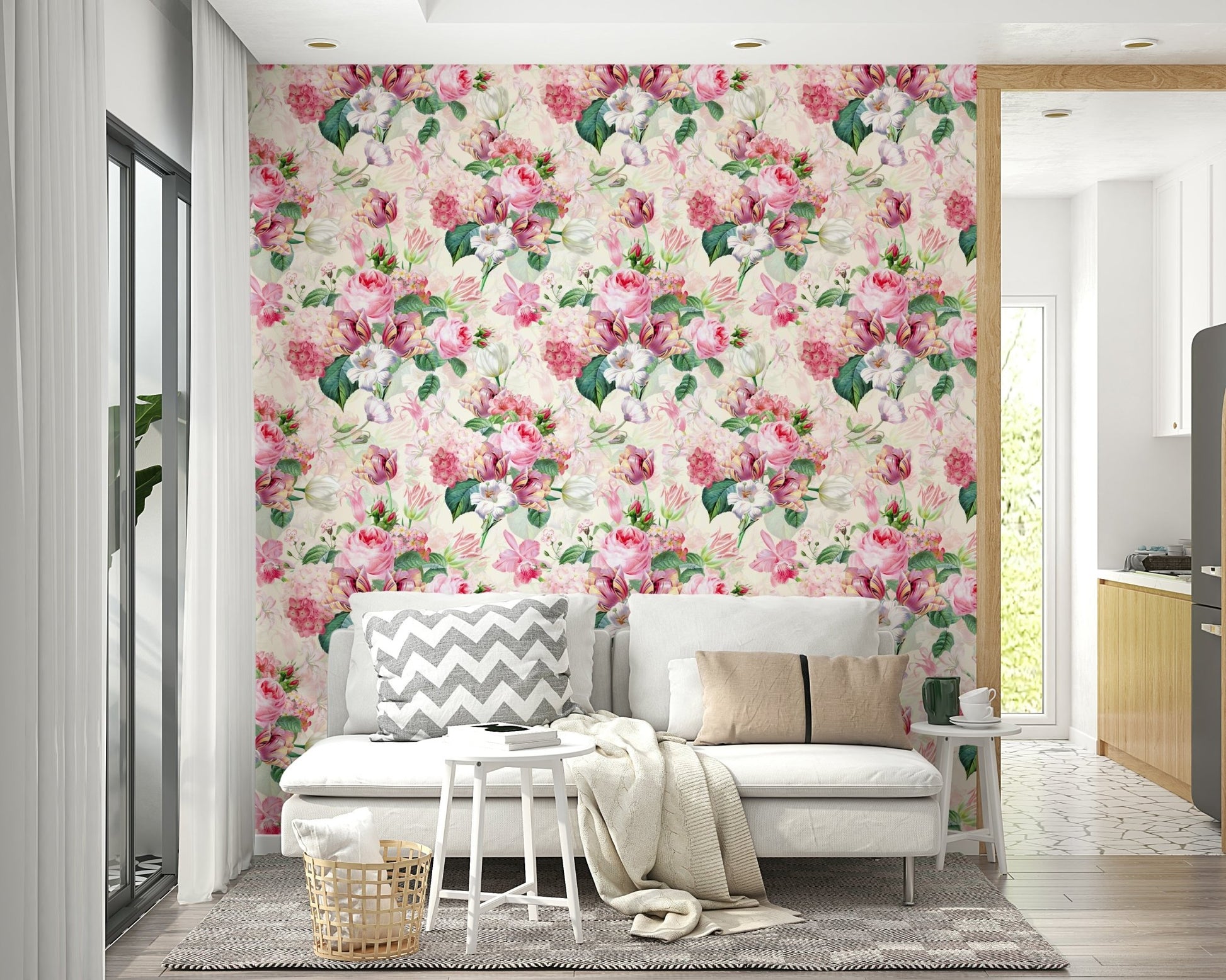 Elegant whimsical rose garden mural in pastel hues.

