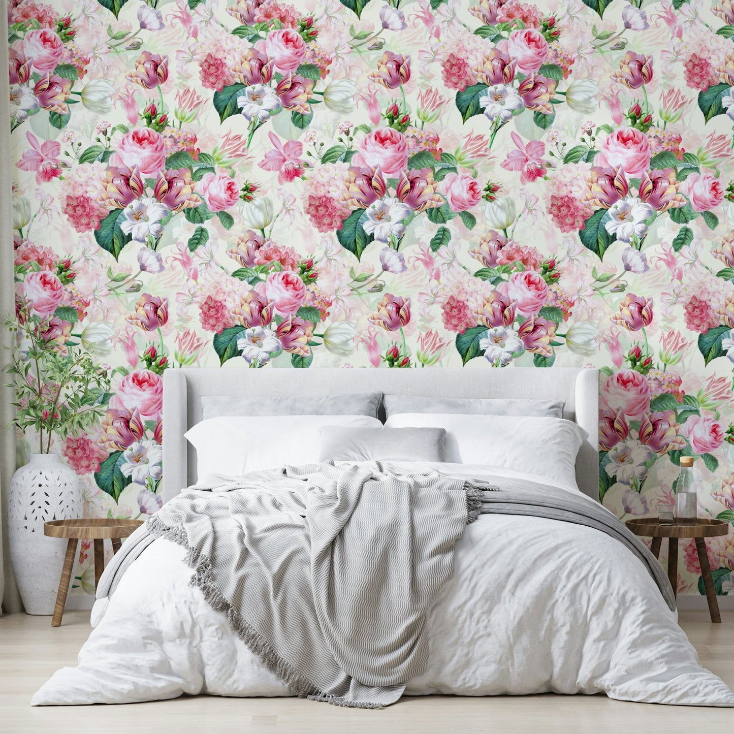 Rose garden wallpaper with soft watercolor finish.

