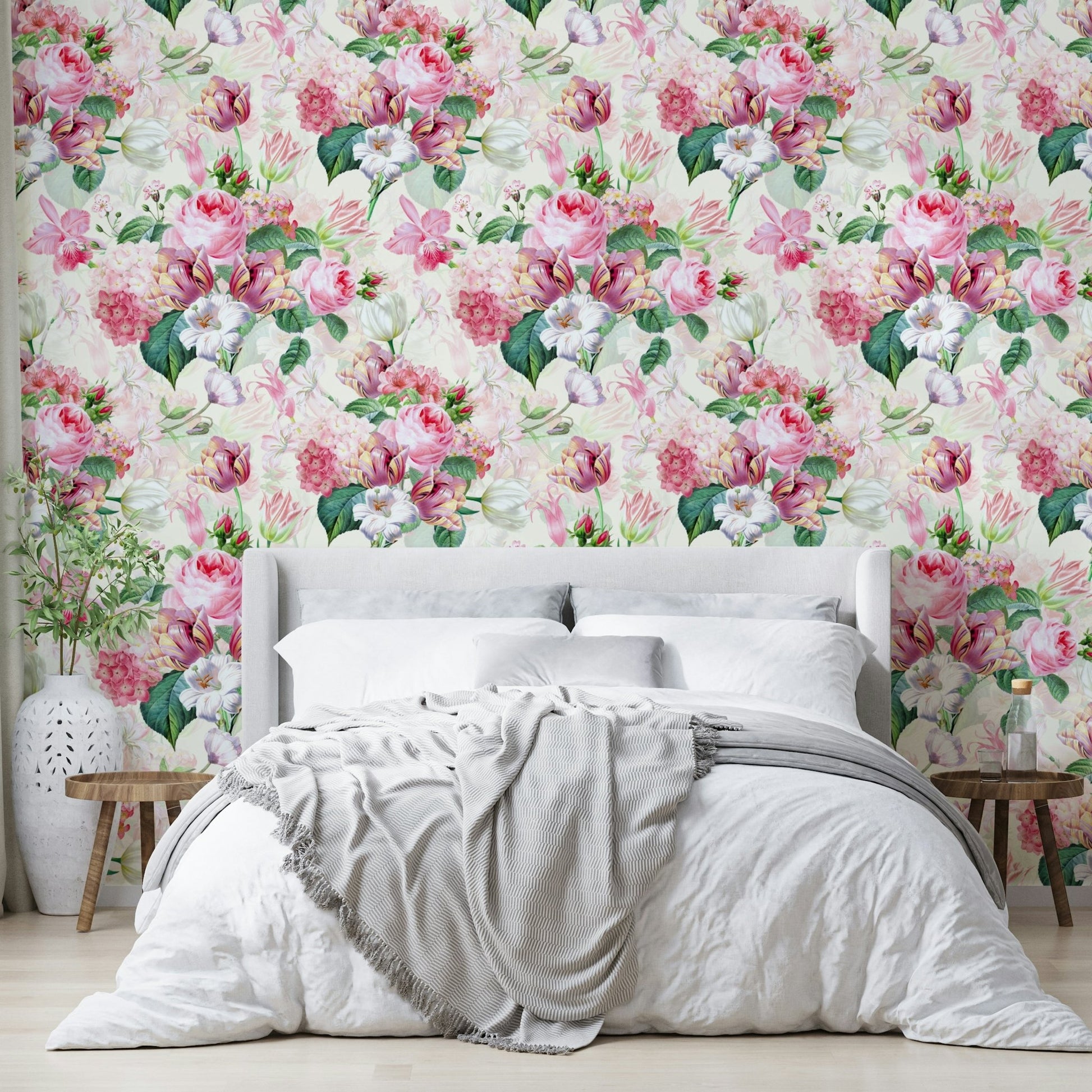 Rose garden wallpaper with soft watercolor finish.

