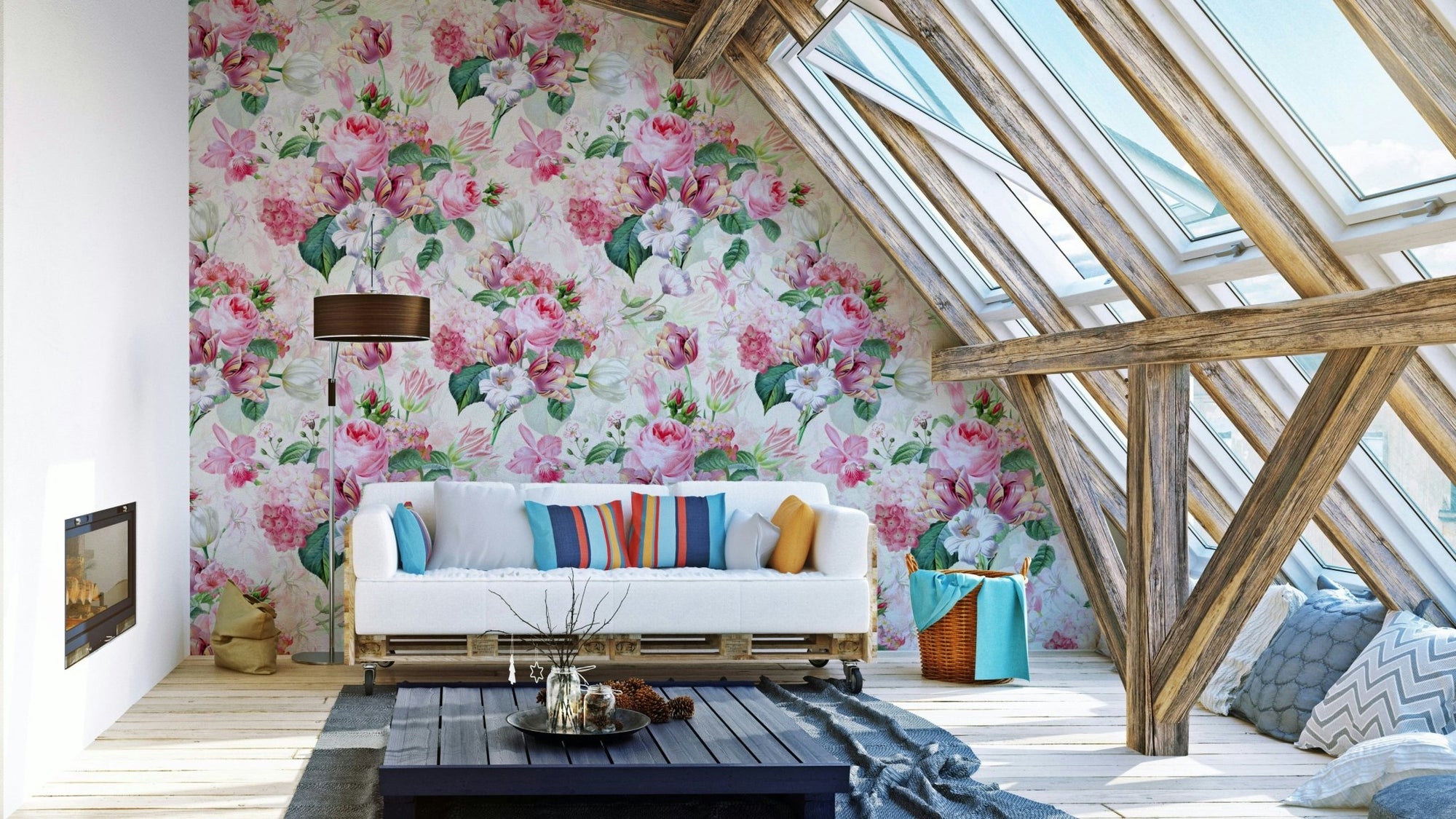 Floral watercolor wallpaper featuring roses and greenery., GD1359
