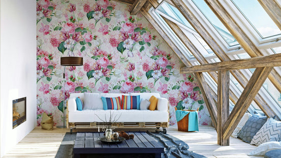 Floral watercolor wallpaper featuring roses and greenery., GD1359