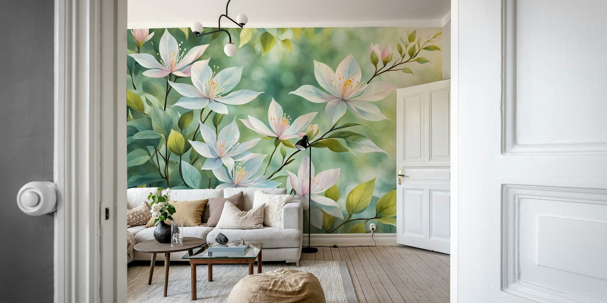 Stylish wallpaper with white floral motif for home interiors

