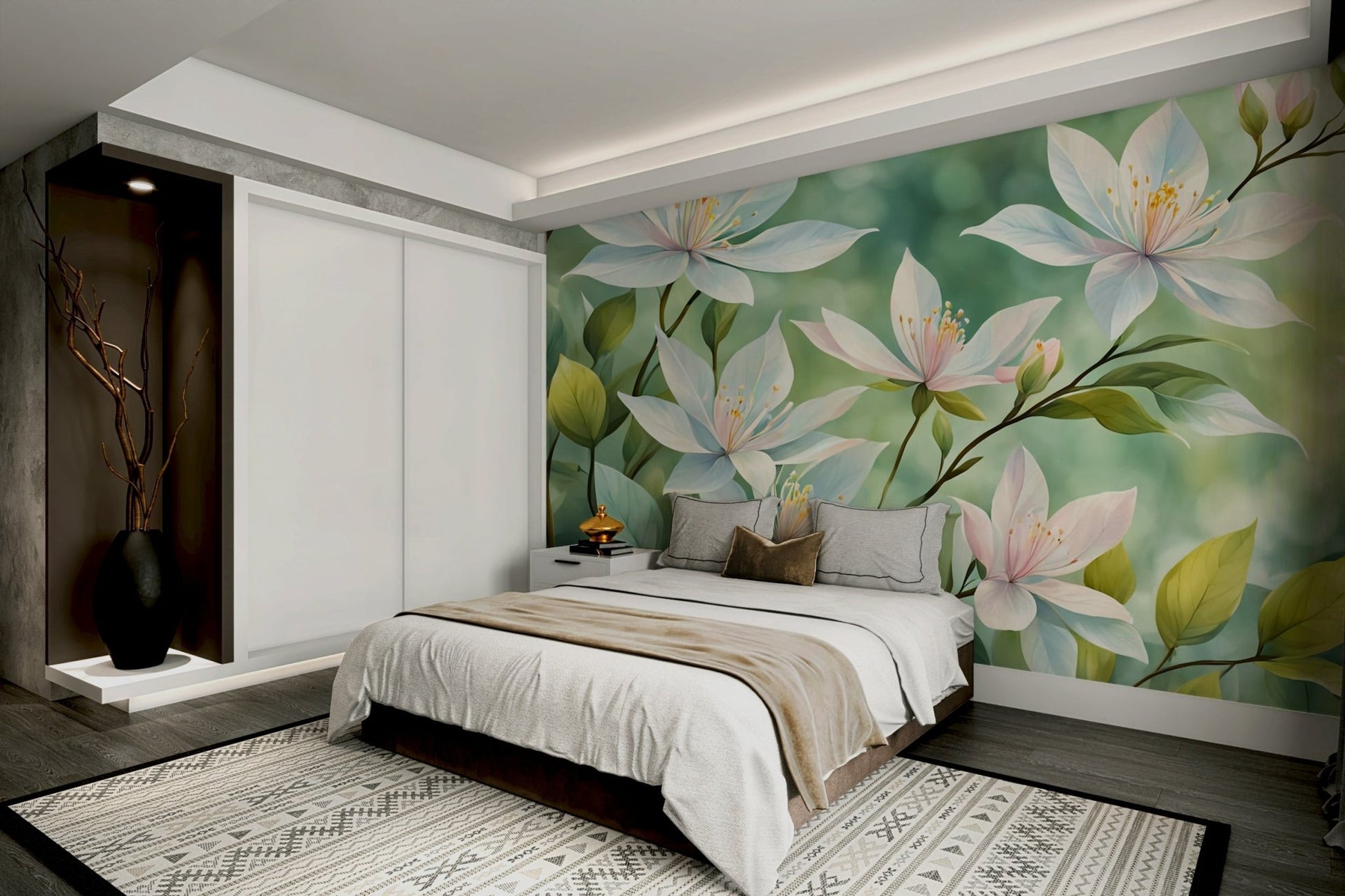 Decorative white flower wallpaper for calm wall design

