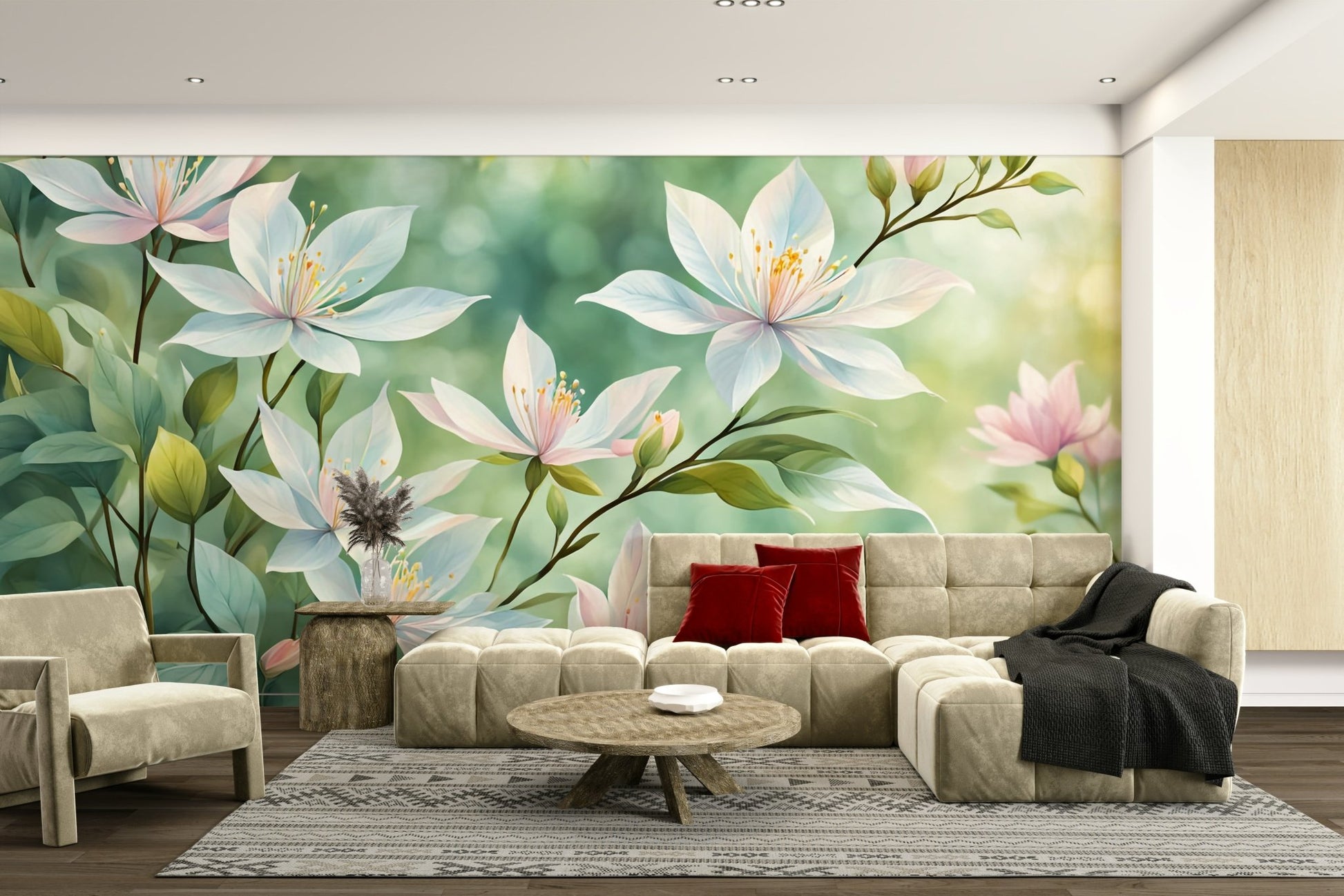 Delicate white flowers wallpaper with soft natural style

