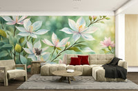 Delicate white flowers wallpaper with soft natural style

