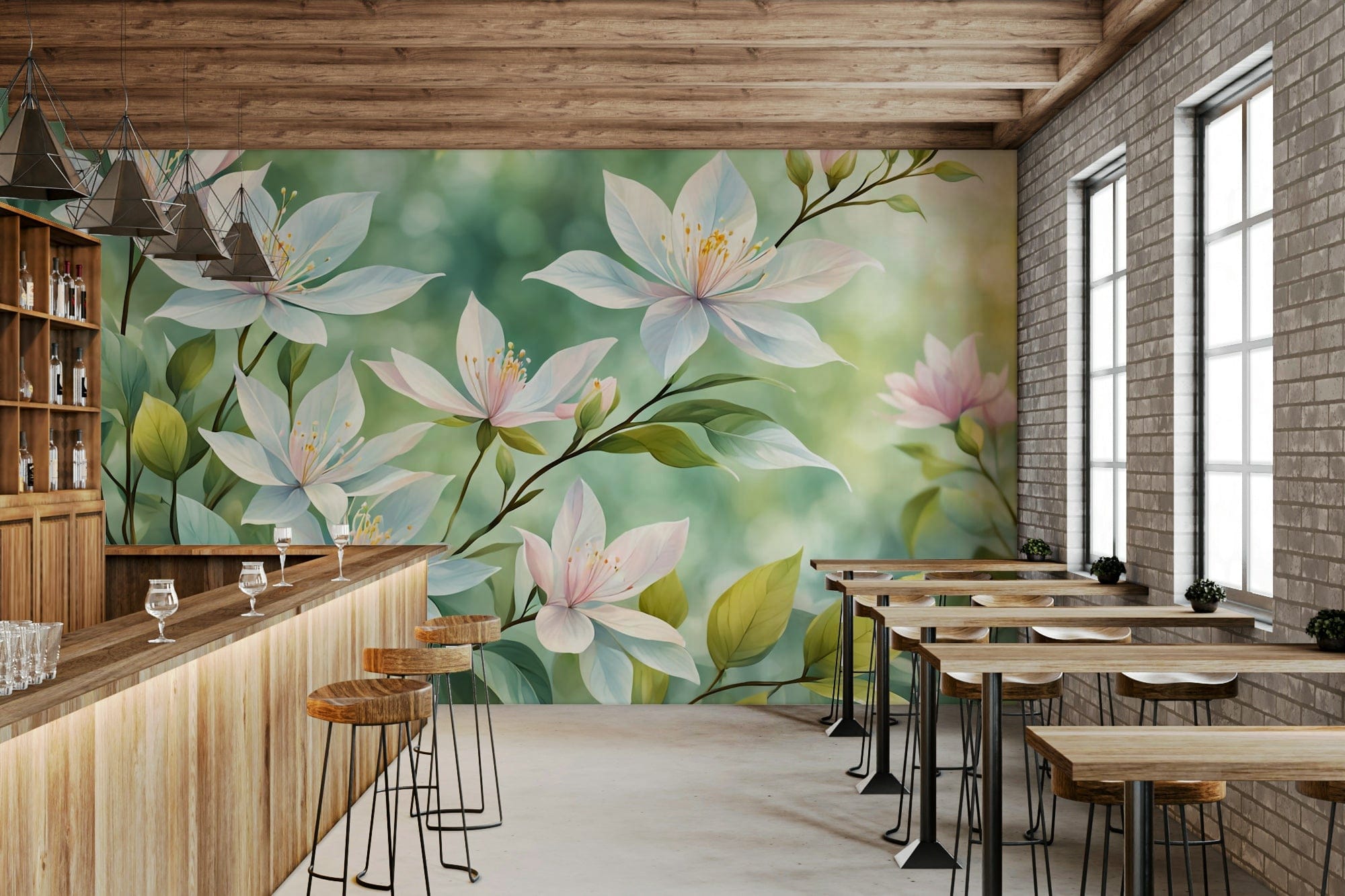 White floral wallpaper with delicate blooms pattern GD241

