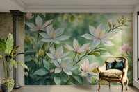 Elegant white blossoms wallpaper for living room walls

