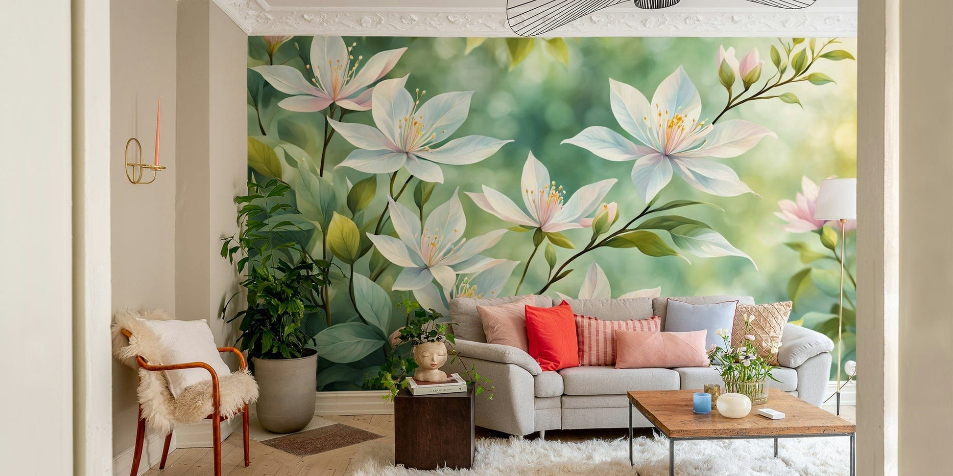 Soft white flowers wallpaper with whimsical design

