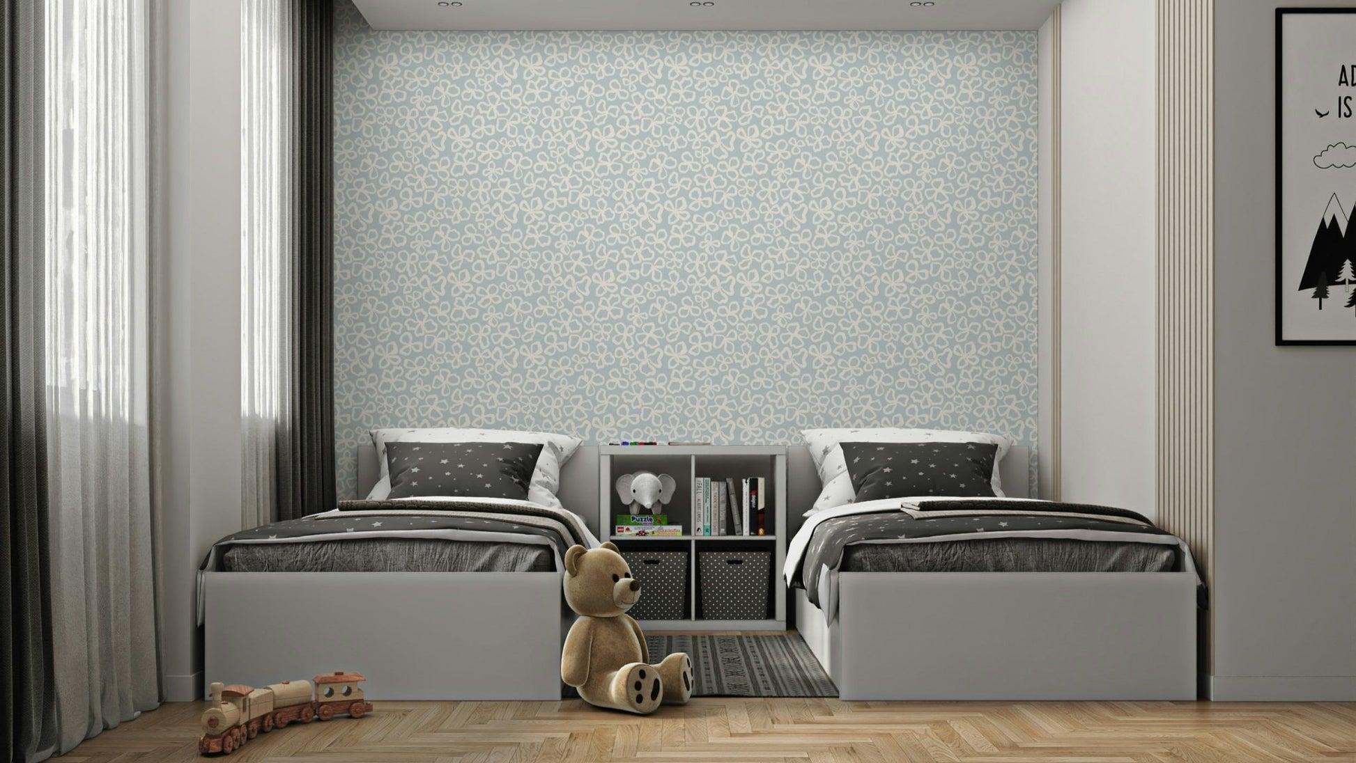 Whimsical white flowers pattern on wallpaper

