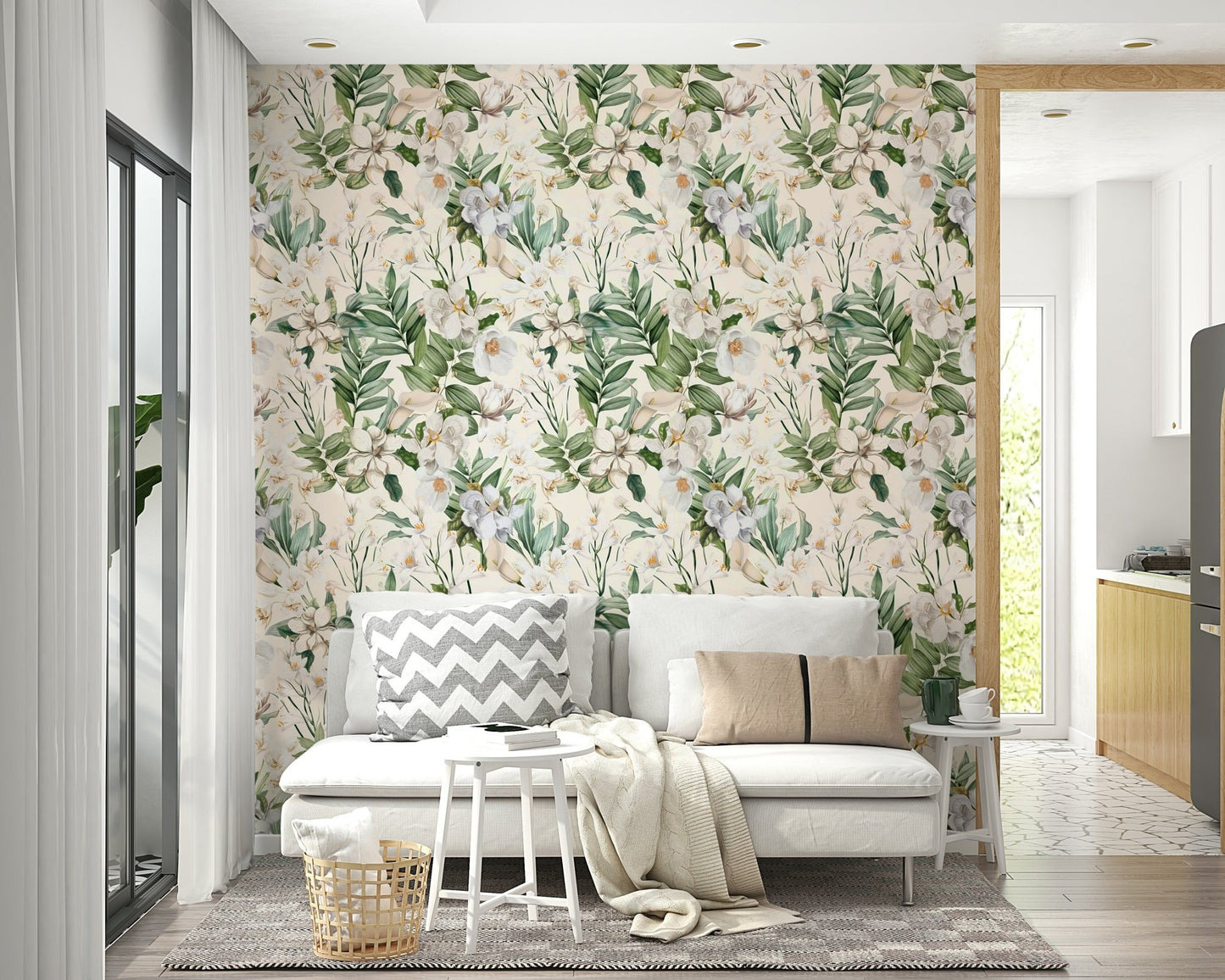 Elegant white wallpaper featuring whimsical garden elements.


