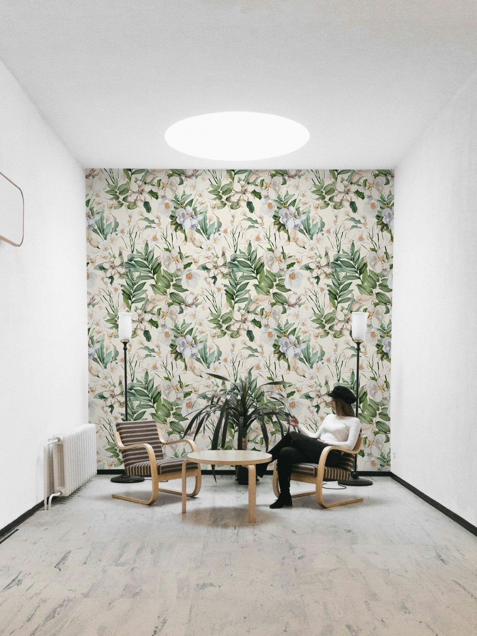 Soft, serene white garden wallpaper for a peaceful room vibe.

