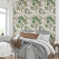 Whimsical white garden wallpaper with delicate floral design.

