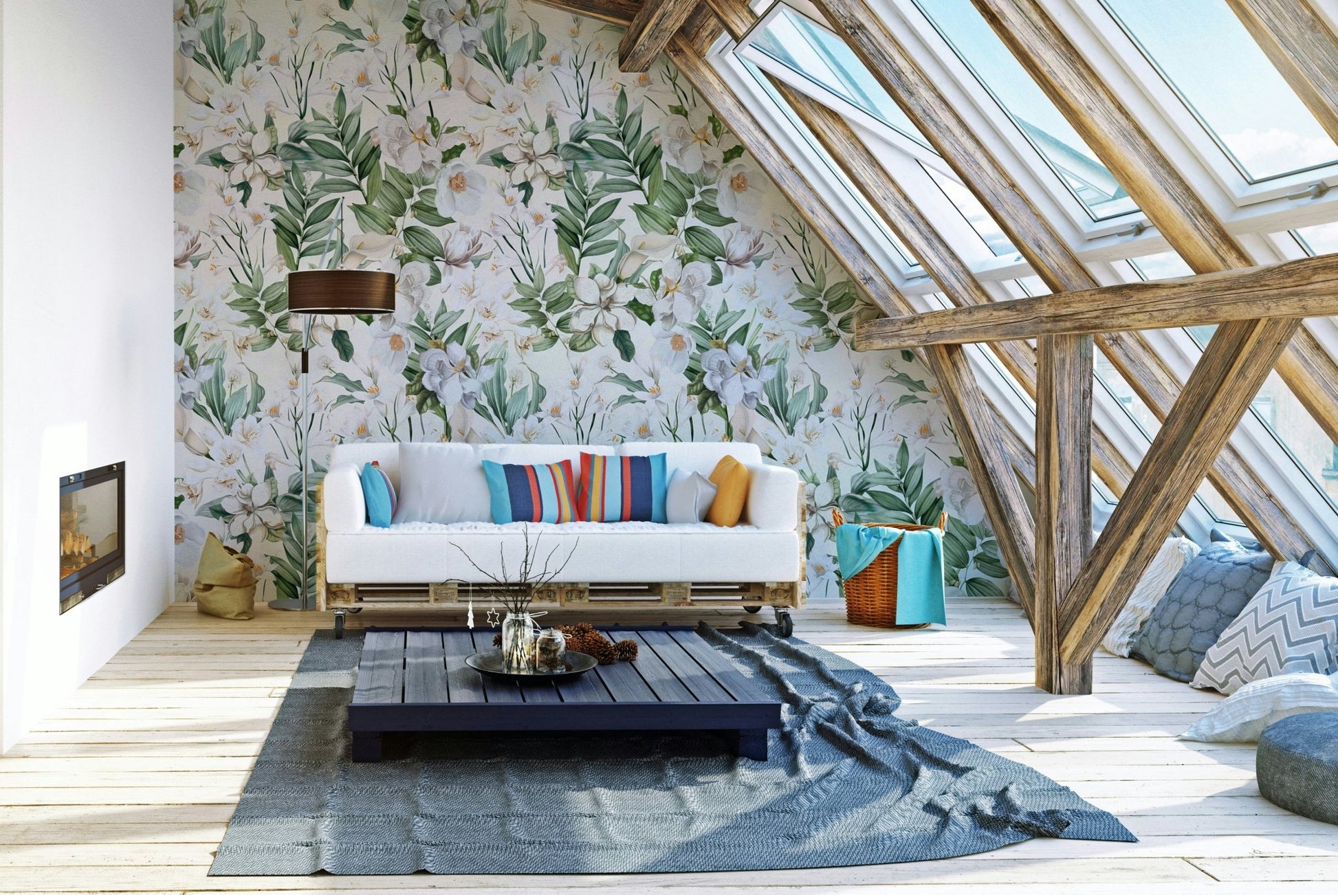 Charming white garden wallpaper with whimsical floral accents.

