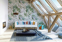 Charming white garden wallpaper with whimsical floral accents.

