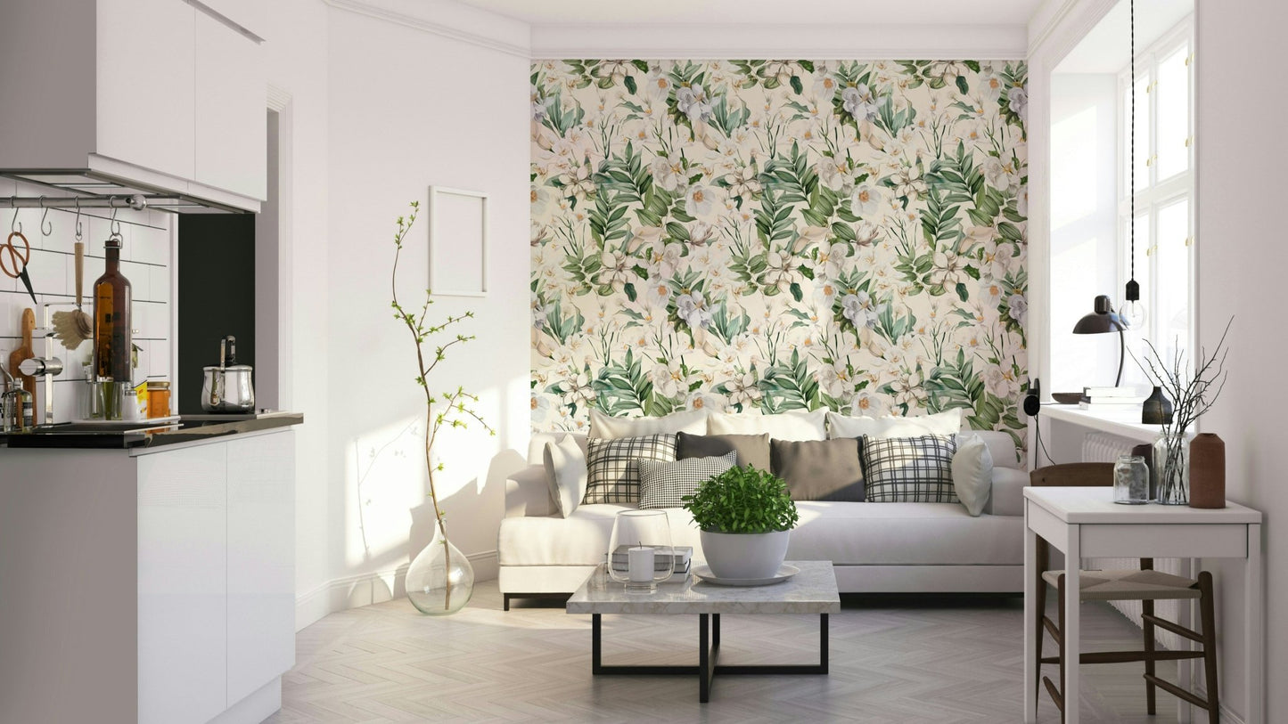 Delicate garden design in white wallpaper for a charming interior.

