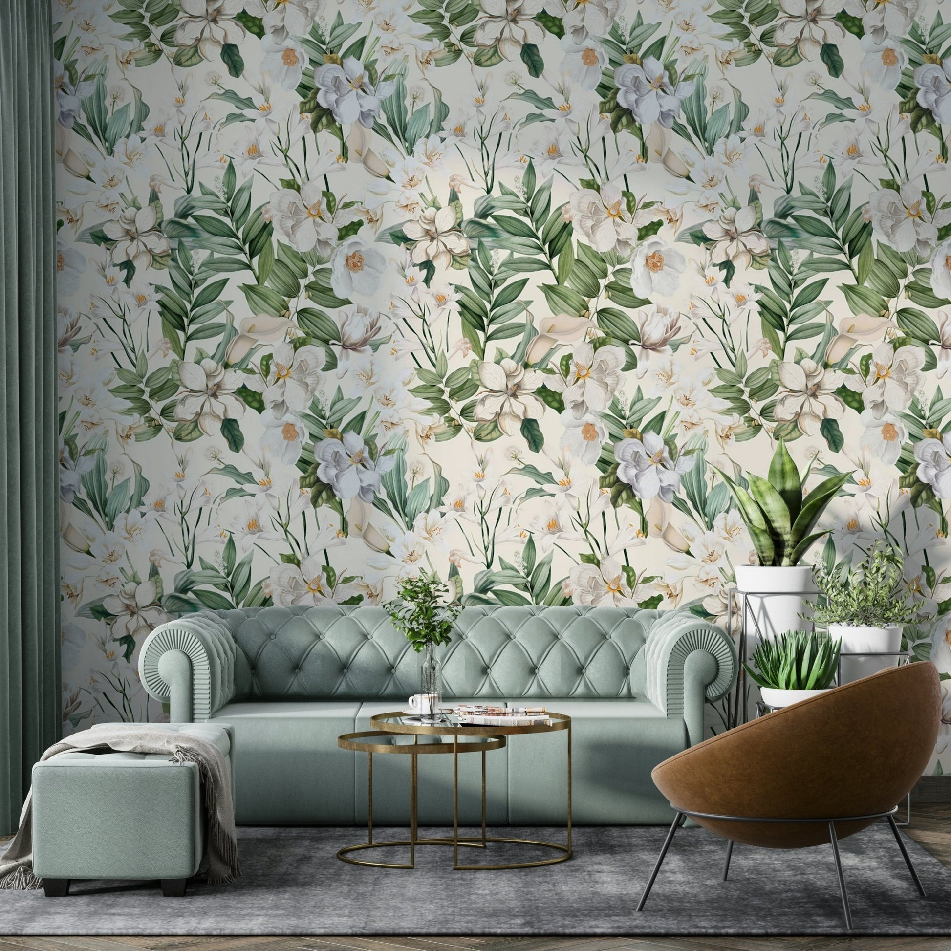 Whimsical white floral wallpaper perfect for nature-inspired decor.

