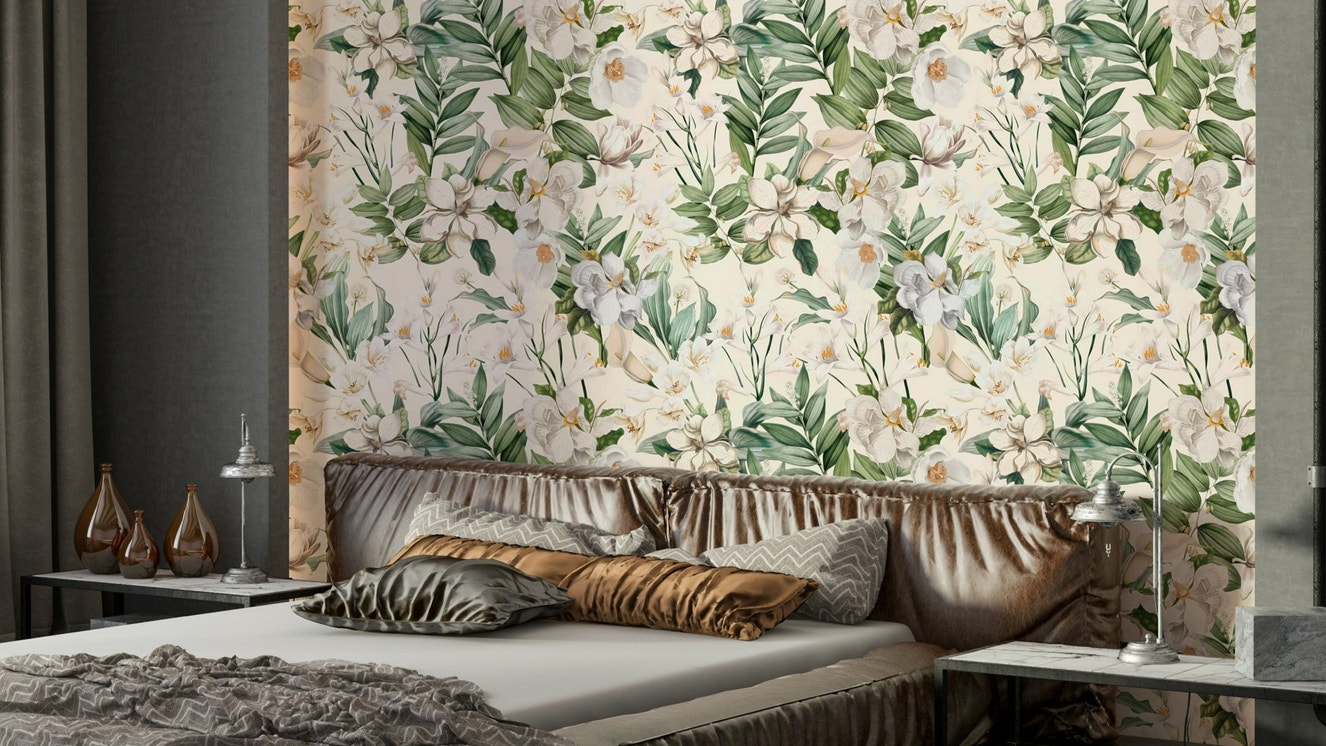 Beautiful white garden wallpaper with intricate floral details.

